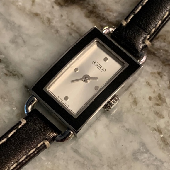 Sleek Coach Watch with slim rectangle face framed in shiny black enamel. UEC - Picture 3 of 7